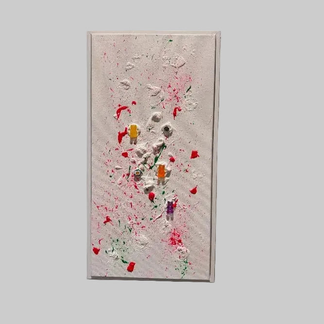 Abstract art piece with splashes of red, white, and multicolor on a beige background